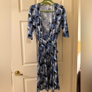 Kiyonna Blue Geometric Wrap Midi Dress